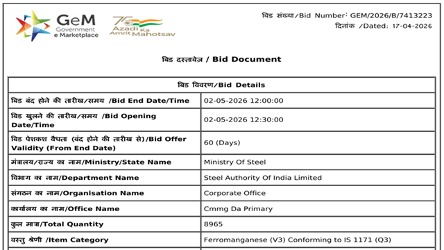 India: SAIL floats purchase tender for over 8,000 t of ferro manganese