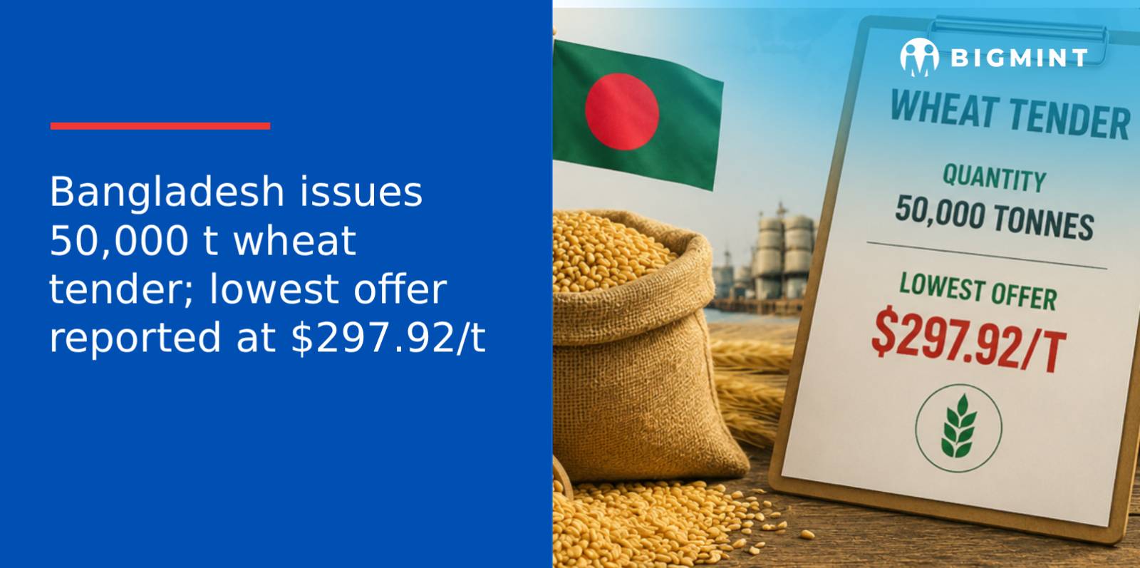 Bangladesh issues 50,000 t wheat tender; lowest offer reported at $297.92/t