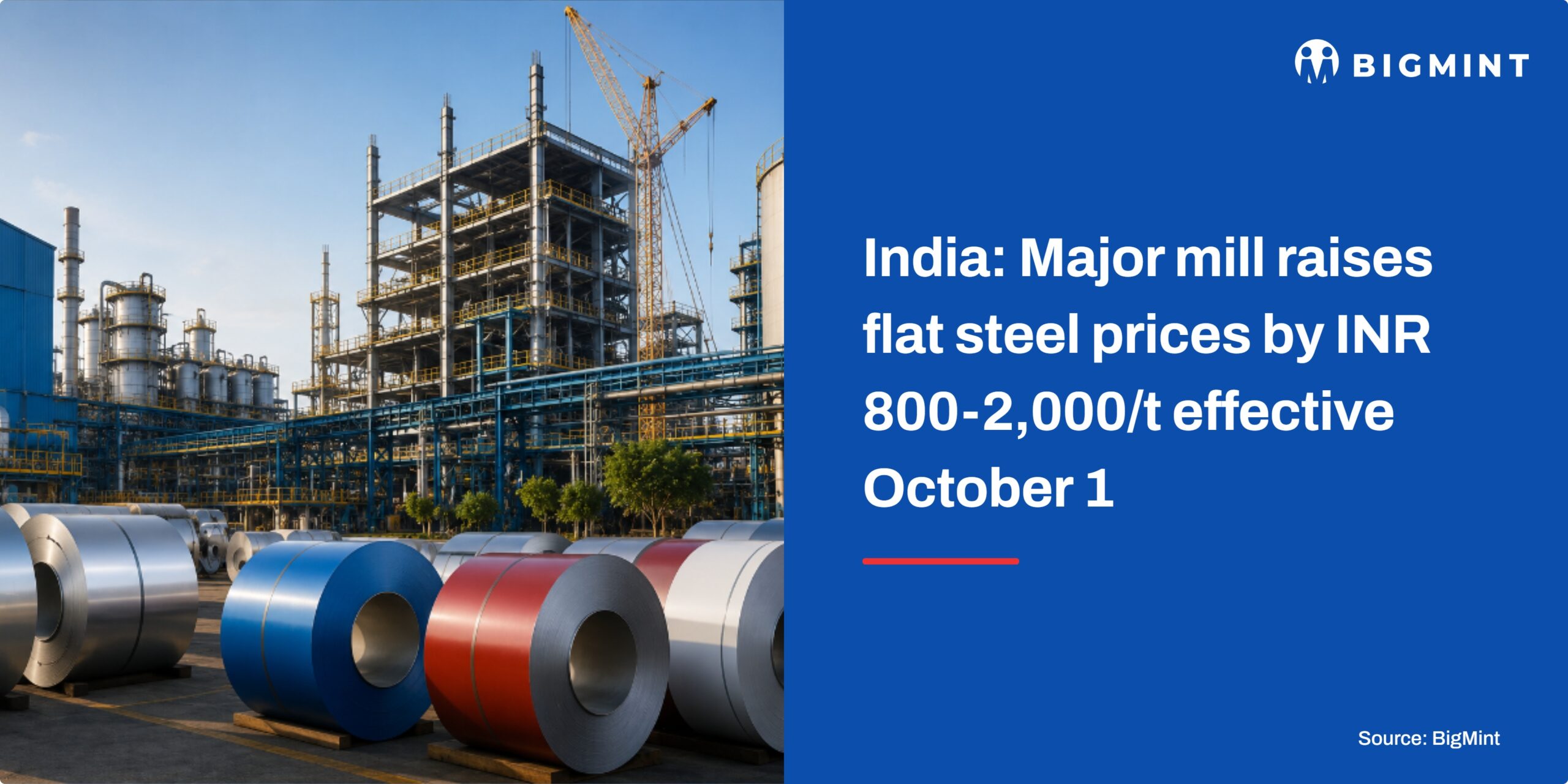 India: Major mill raises flat steel prices by INR 800-2,000/t from 1 Oct'26